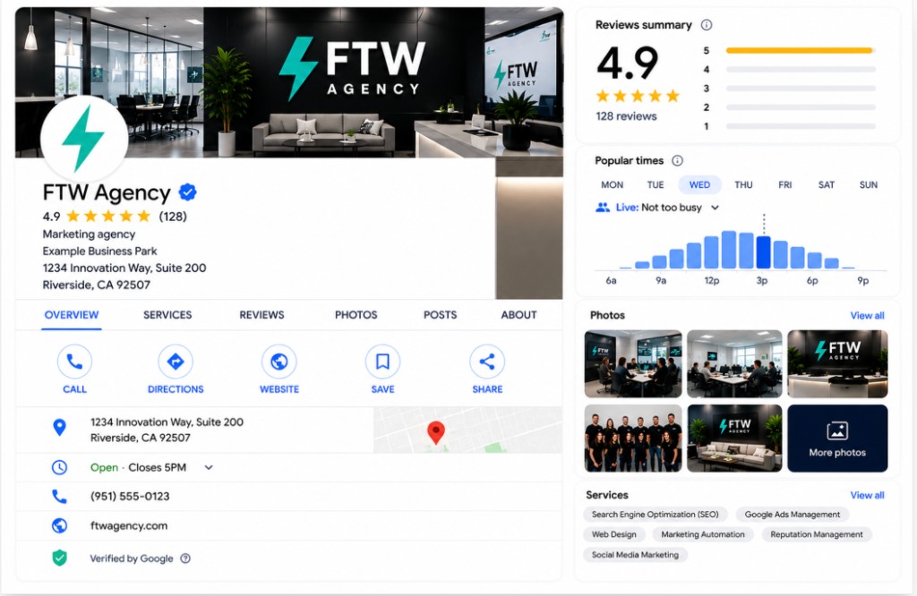 Optimized Google Business Profile preview for FTW Agency showing verified status, reviews, services, photos, and contact actions