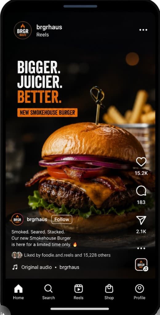 Instagram Reels mockup for BRGR HAUS promoting the Smokehouse Burger
