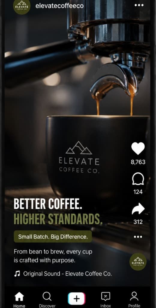 TikTok post mockup for Elevate Coffee Co. with espresso pour and brand overlay