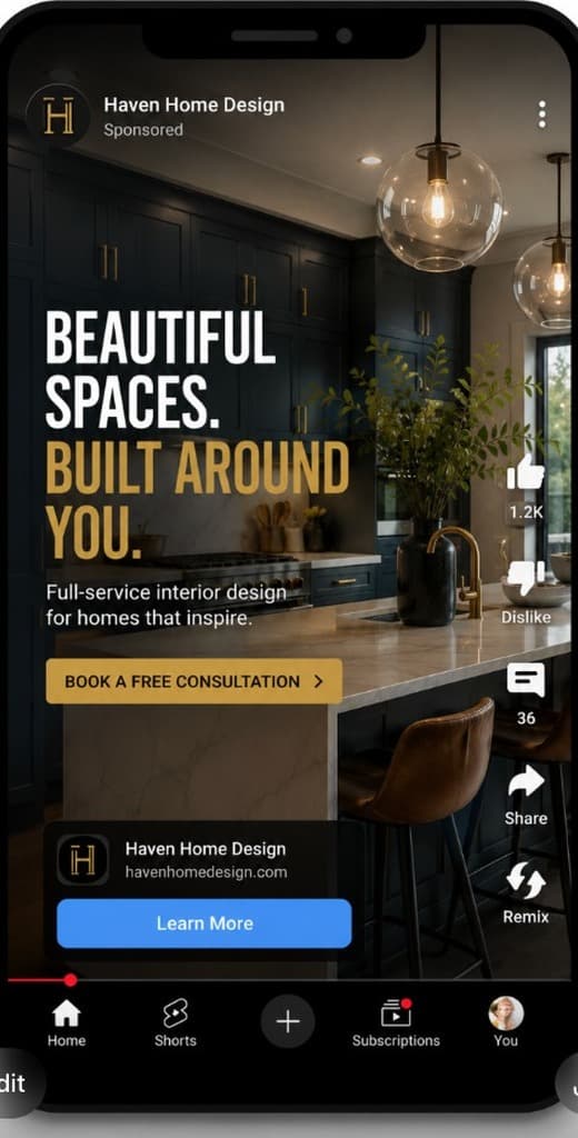 YouTube Shorts mockup for Haven Home Design kitchen remodel