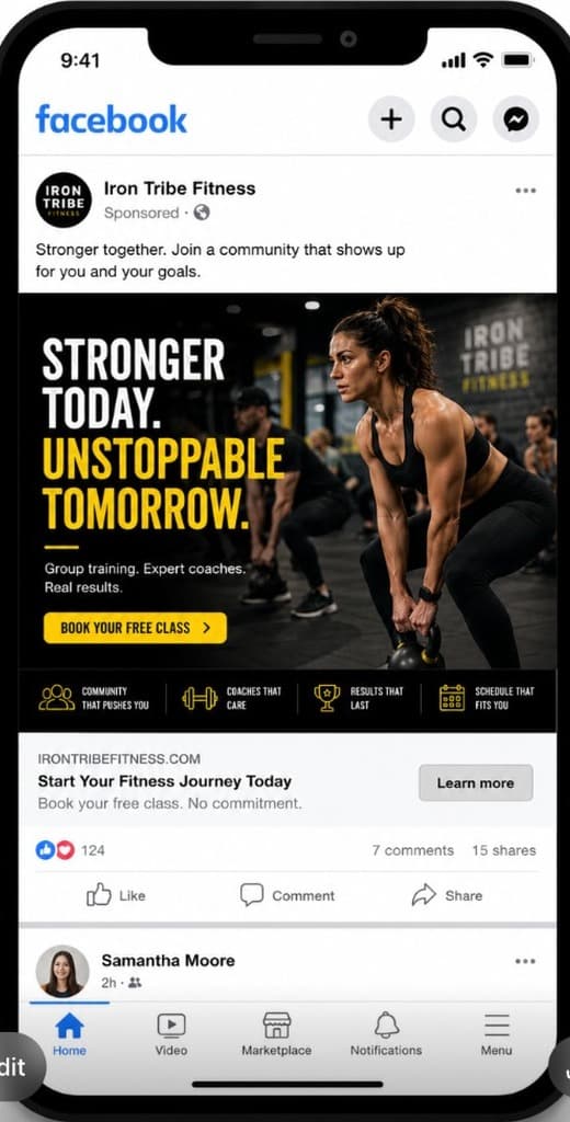 Facebook feed mockup for Iron Tribe Fitness gym ad