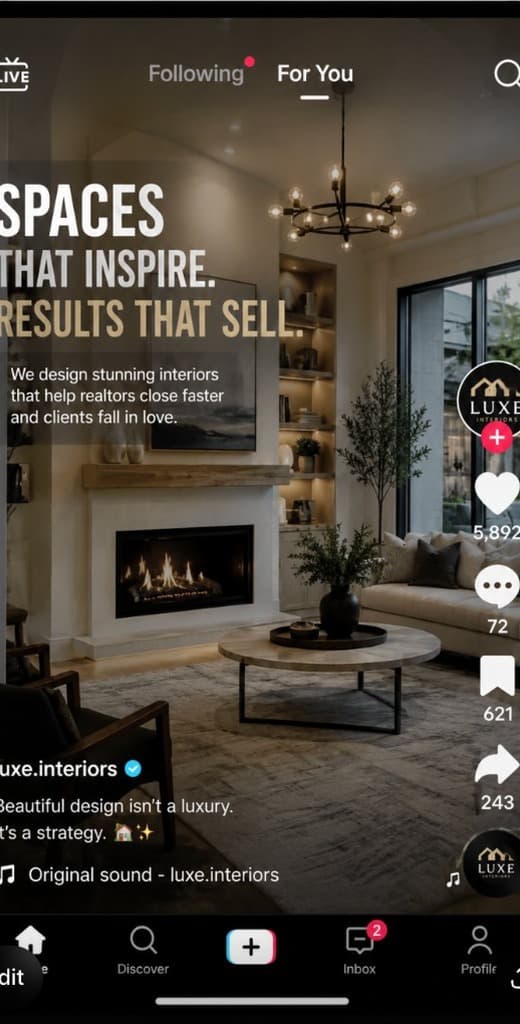 TikTok post mockup for Luxe Interiors showcasing a luxury living room design