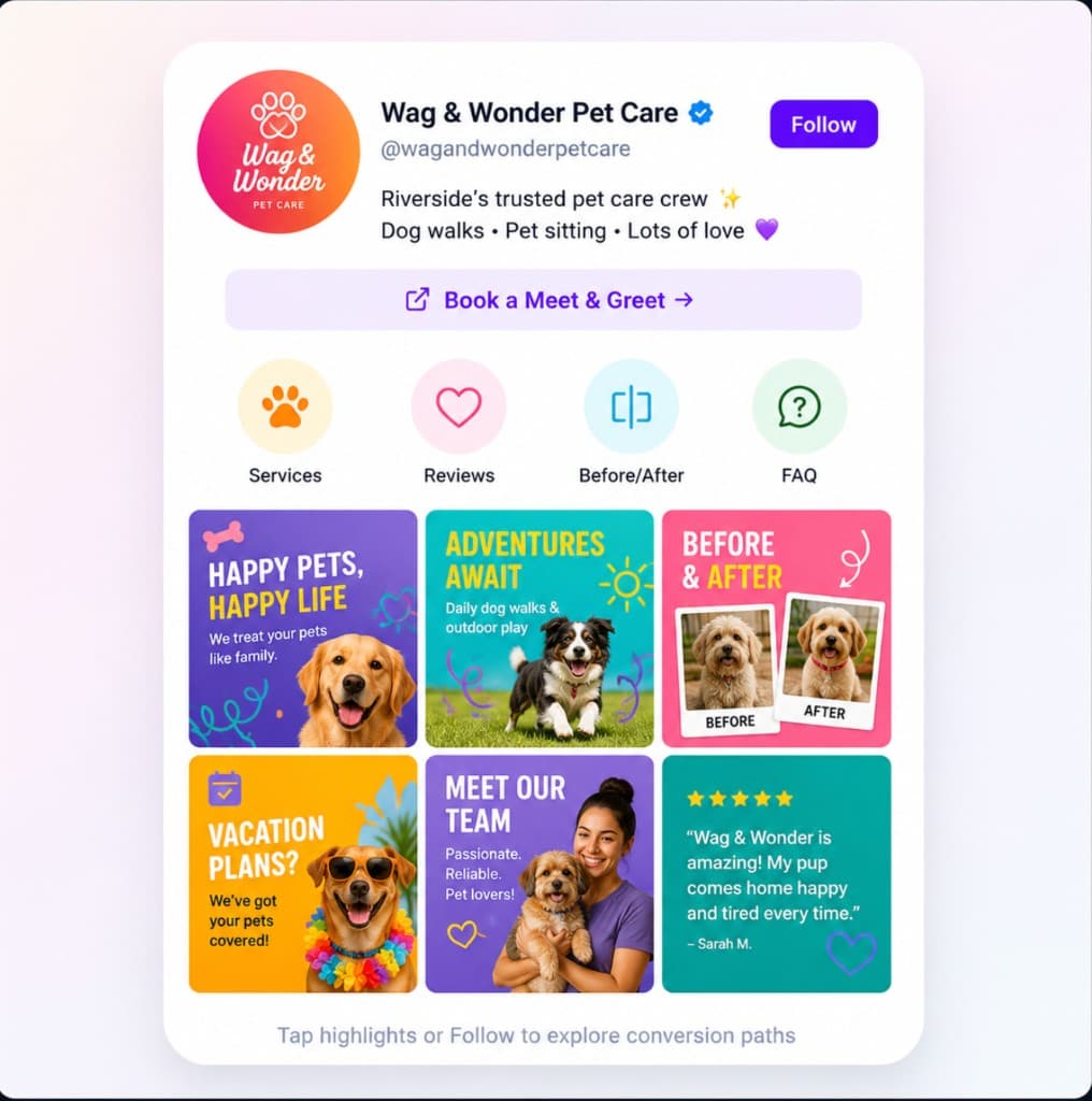 Instagram profile mockup for Wag & Wonder Pet Care with highlights, CTA, and content grid
