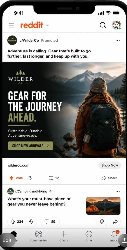 Reddit feed mockup for Wilder Co. outdoor gear ad