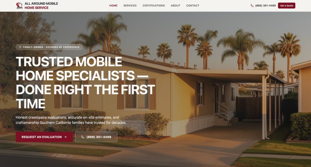 All Around Mobile Home Service website homepage