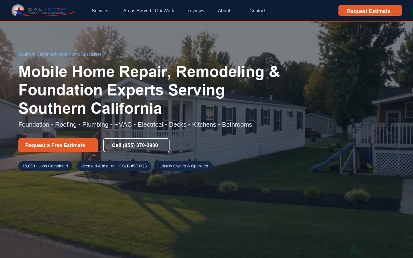 Cal Star Mobile Home Construction website homepage — repair, remodeling, and foundation experts