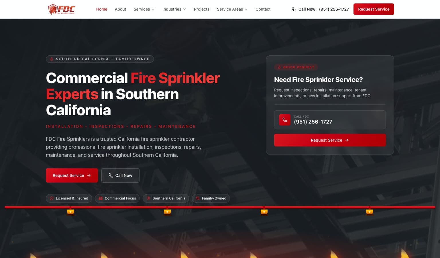 FDC Fire Sprinklers commercial fire protection website hero with warehouse sprinkler installation