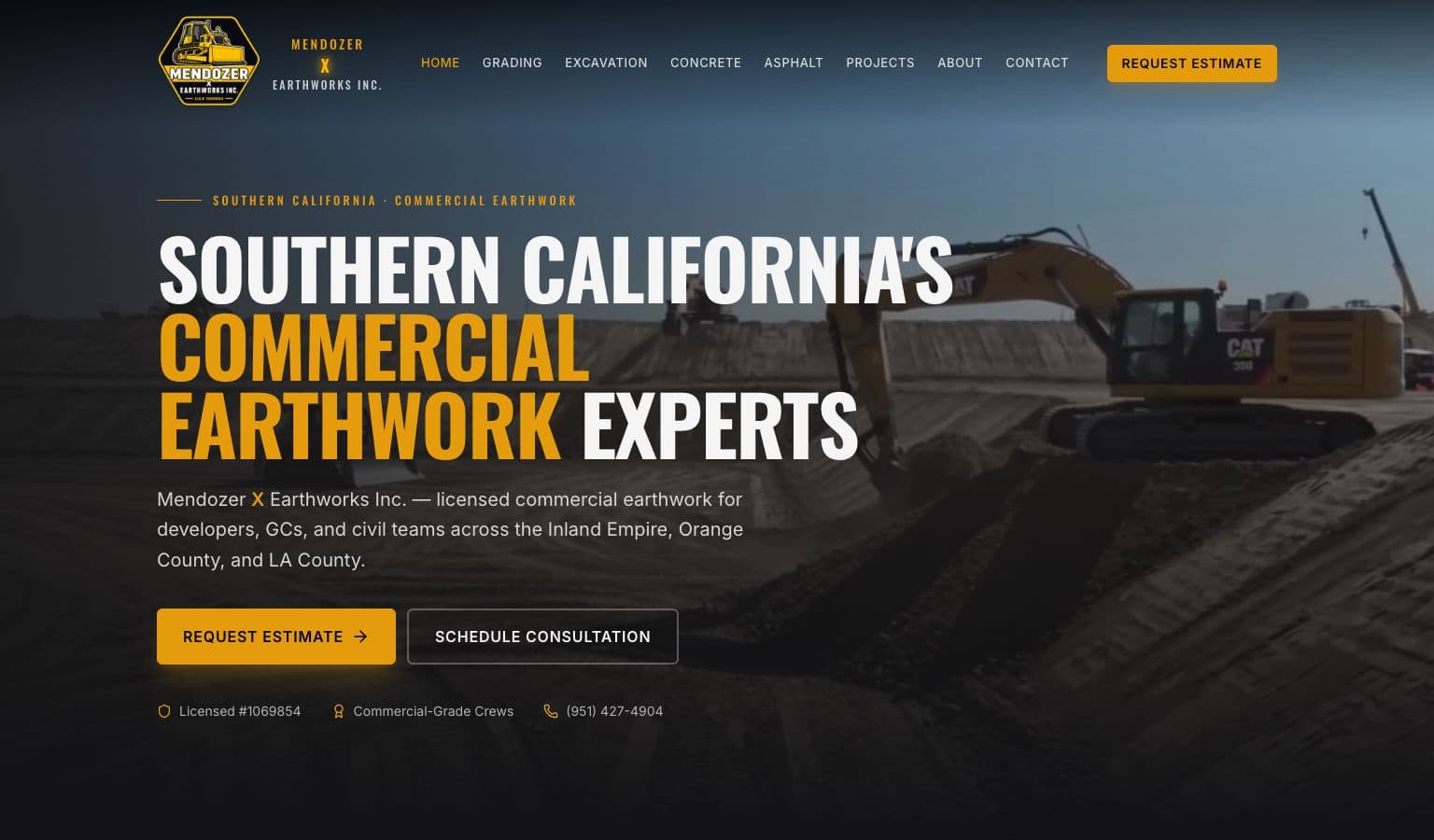 Mendozer X Earthworks commercial earthwork website hero with heavy equipment on a grading site