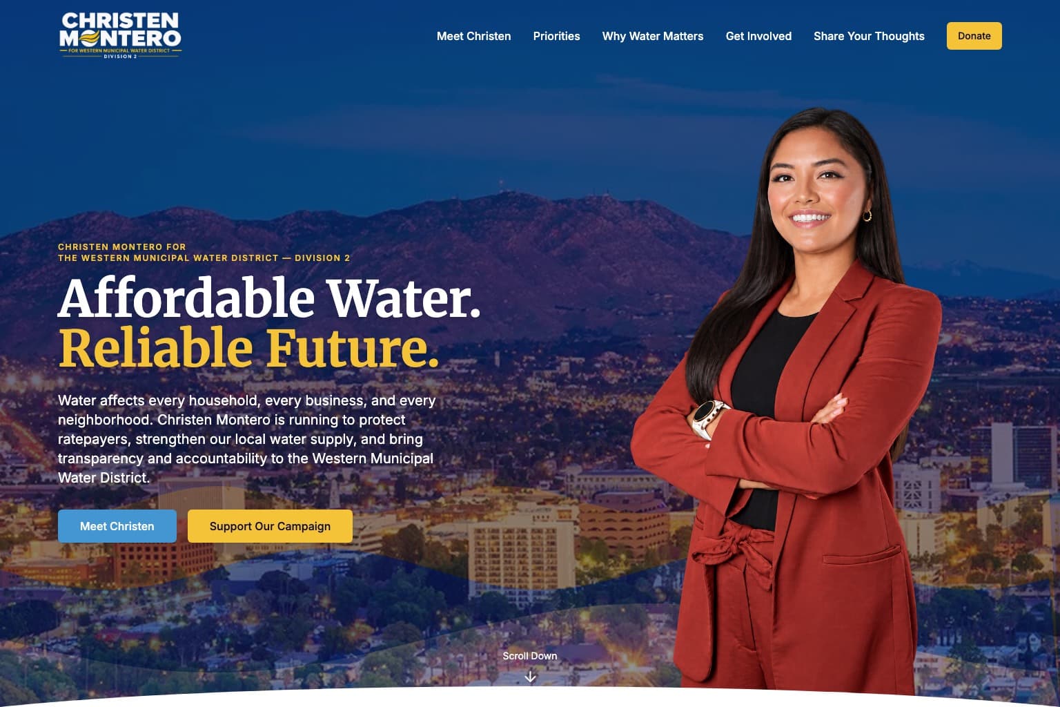 Vote Christen campaign website hero — Affordable Water. Reliable Future.