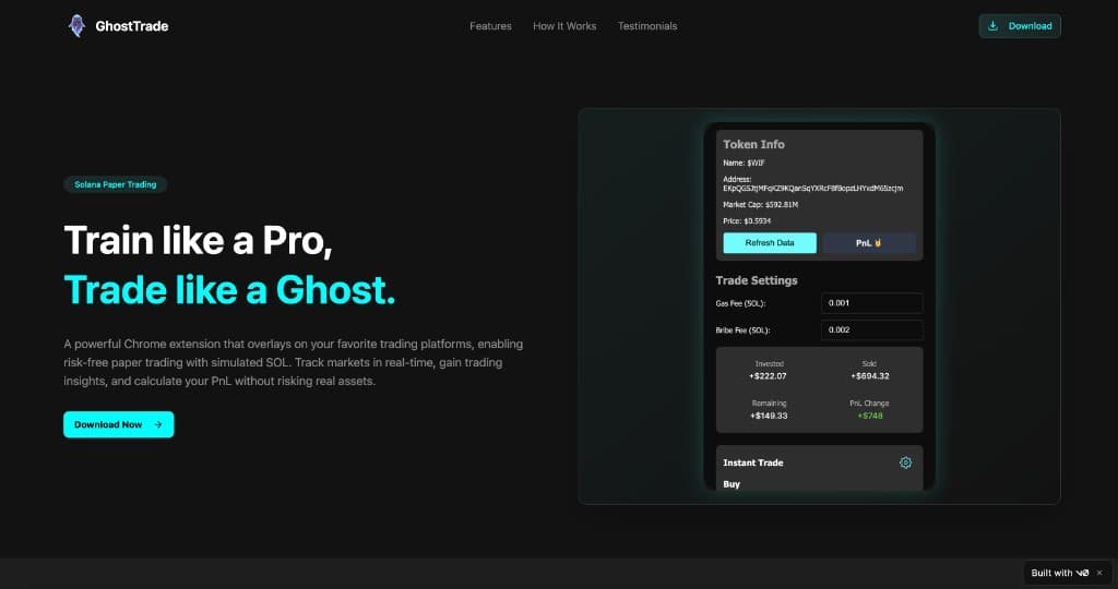 GhostTrade hero page with paper trading extension dashboard