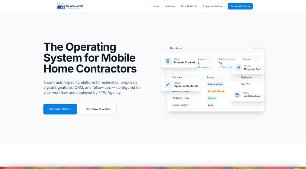 MobileHomeCRM marketing site hero with contractor CRM dashboard preview
