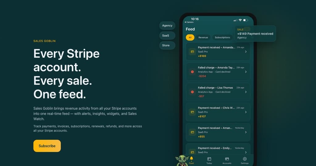 Sales Goblin homepage — every Stripe account, every sale, one feed