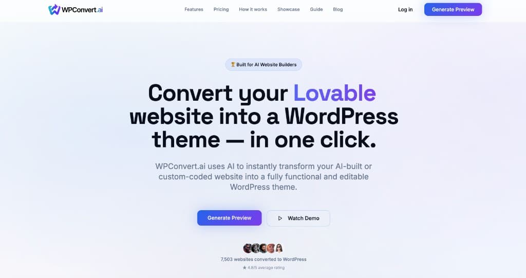 WPConvert.ai hero page for Lovable to WordPress conversion