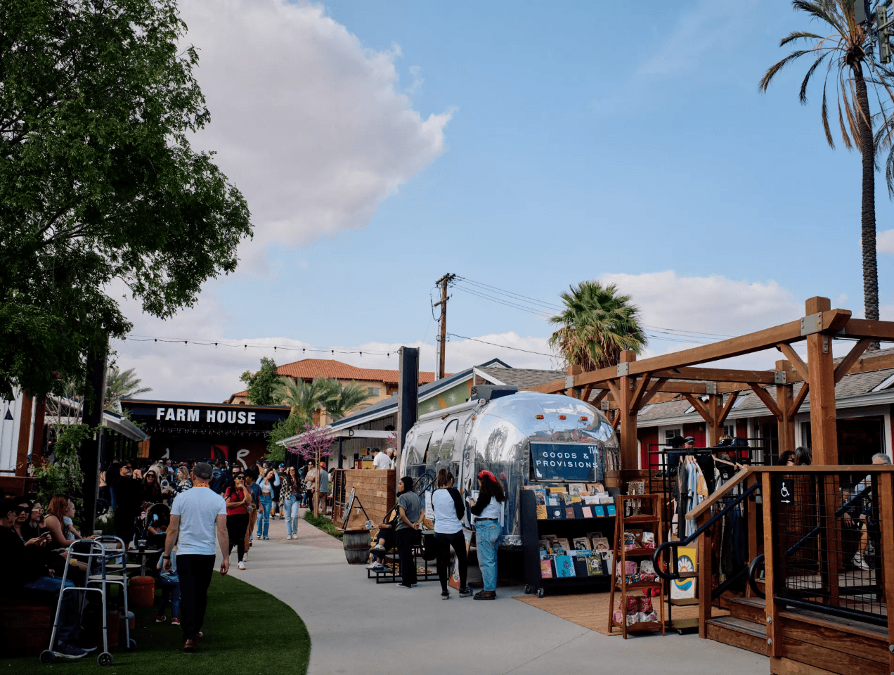 FarmHouse Collective outdoor courtyard with Airstream market and community gathering spaces