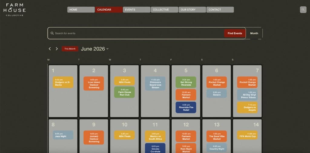 FarmHouse Collective events calendar interface
