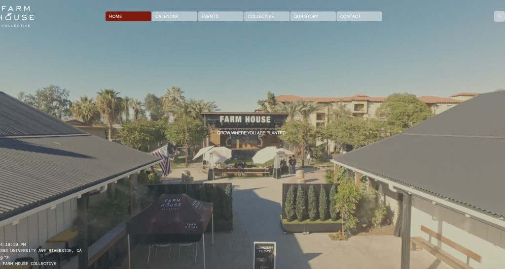 Farm House Collective website hero with outdoor courtyard, stage, and Grow Where You Are Planted branding