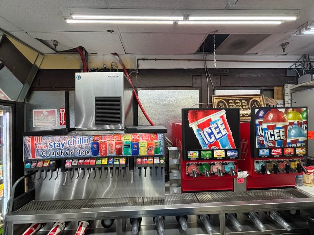 Convenience store beverage station with soda fountain and ICEE machines