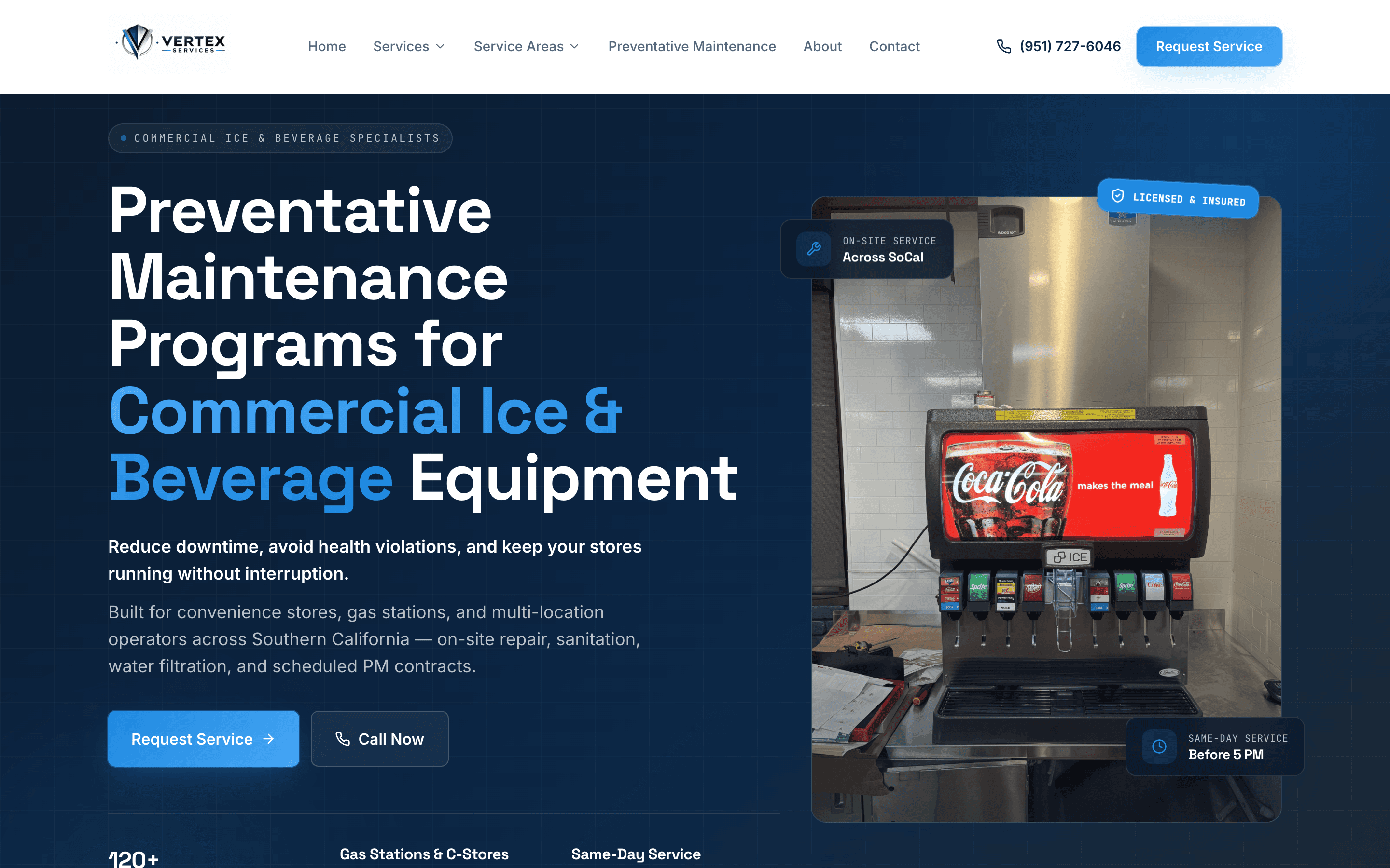 Vertex Services homepage hero with preventative maintenance headline and CTAs