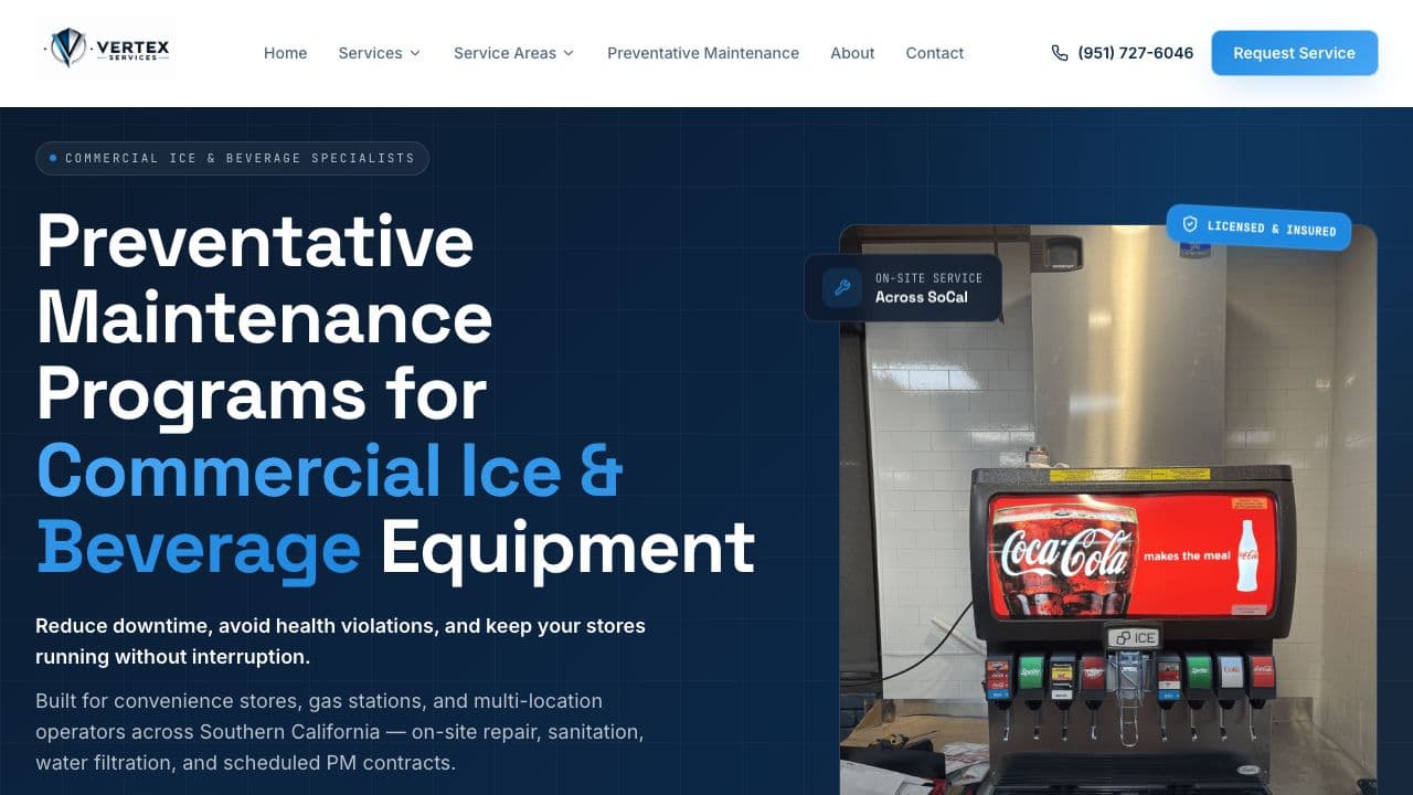 Vertex Services commercial equipment maintenance website hero